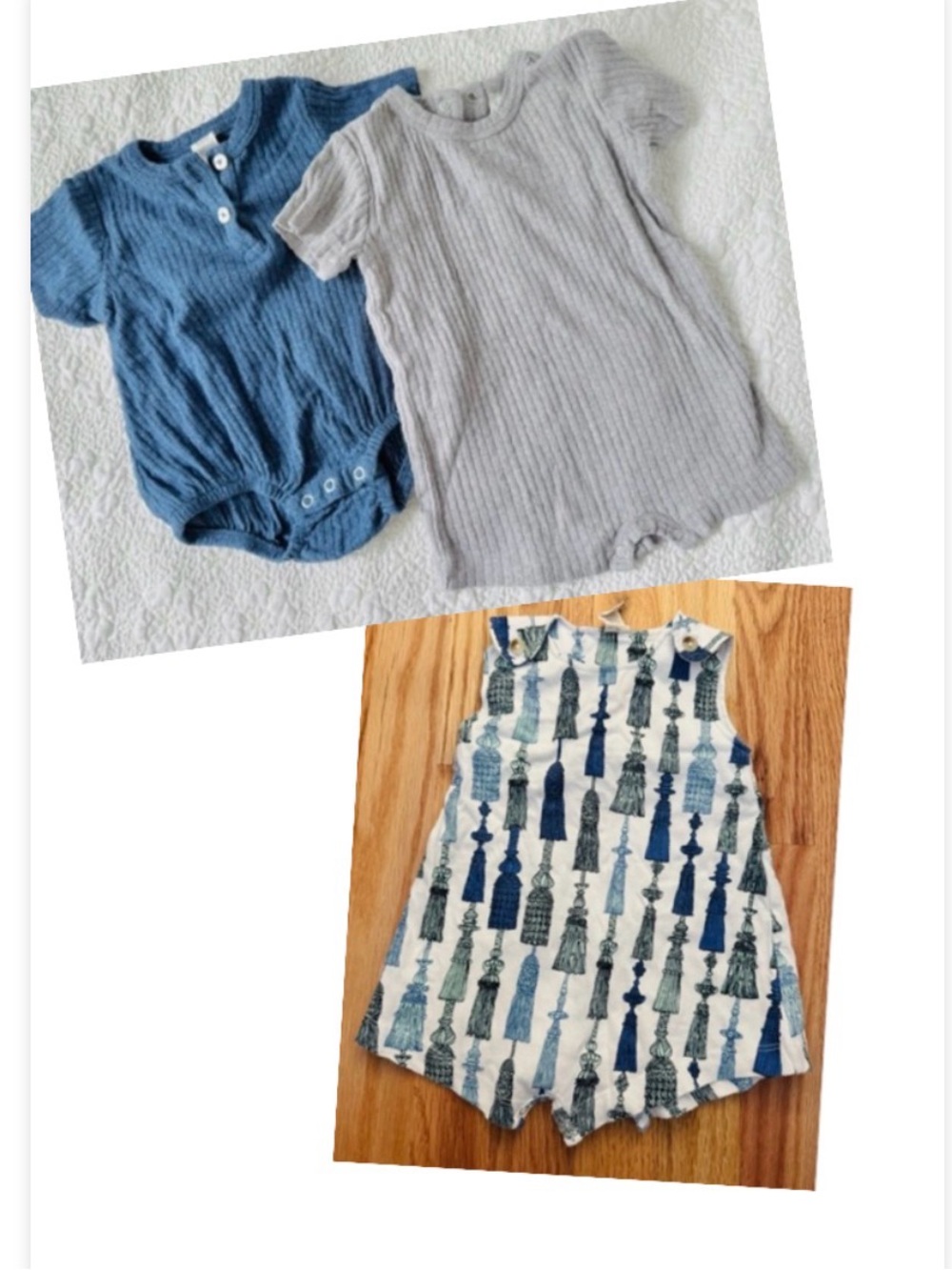 3 Kate Quinn Baby boy 3-6 month Blue and Gray Rompers, Set of 3 organic cotton